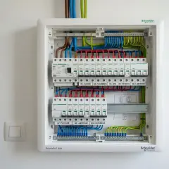 Tableau électrique Schneider avec un câblage ordonné et étiqueté pour chaque zone de la maison.