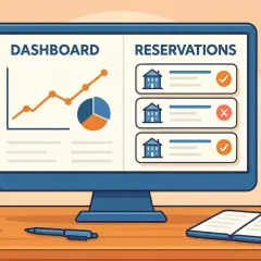 Schermo con dashboard e prenotazioni, ideale per programmi gestione alberghiera. Grafici e icone di case indicano l'efficienza.