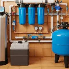 Sistema de maquina de filtro de agua con tanque de acero inoxidable, tres filtros azules y tanque de presión azul.