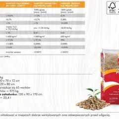 Tabela z parametrami pelletu LAVA: wilgotność, popiół, wartość kaloryczna. Opakowanie 15 kg.