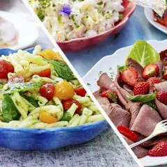 Sommarmat recept: Pastasallad med tomater och basilika, samt rostbiff med jordgubbar och sallad.