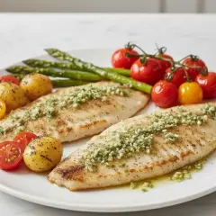 Dos filetes de merluza a la plancha con hierbas, acompañados de patatas pequeñas, espárragos y tomates cherry.