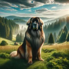 Majestatyczny pies leonberger siedzi na tle górskiego krajobrazu o wschodzie słońca.