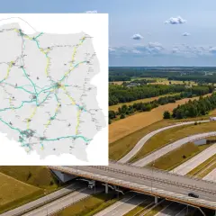 Mapa Polski z zaznaczonymi drogami płatnymi e-toll. W tle autostrada z ruchem samochodowym.