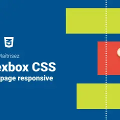 Maîtrisez les Flexbox CSS pour une mise en page responsive. Illustration d'un doigt interagissant avec des blocs colorés, symbolisant le flex html.