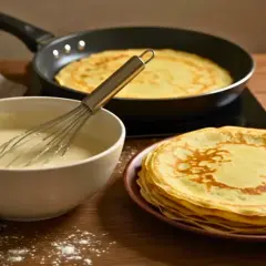 Préparation d'une recette de crêpes : pâte dans un bol, crêpes cuites dans une poêle et empilées, œufs et farine.
