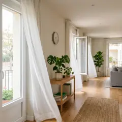 Interior moderno con cortinas blancas ondeando. Ventanas abiertas dejan entrar luz y aire, creando un ambiente fresco.
