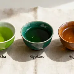 Tre skålar med te: ljusgrönt Sencha, mörkgrönt Gyokuro och brunt Hojicha. Olika te smaker att upptäcka.