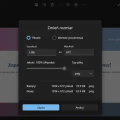 Okno dialogowe "Zmień rozmiar" pozwala na skalowanie obrazu w pikselach lub procentach. Aktualnie ustawiono 1396x672 px.