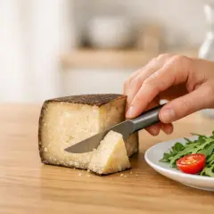 Mano affetta pecorino, pensando alle calorie. Accanto, un'insalata fresca con pomodorini.