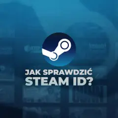 Ikona Steam i tekst "Jak sprawdzić Steam ID?". Tło z miniaturkami gier.