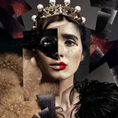 A queen's face, split and reimagined, shows how to make a good collage with dandelions, feathers, and glittery shards.