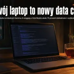 Laptop z kodem na ekranie, kubek gorącej herbaty i notatnik na biurku. Twój laptop to nowy data center, gotowy do pracy on premise.