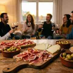 Przyjaciele cieszą się winem i pysznymi tapas: szynką, oliwkami i pieczywem z pomidorami.