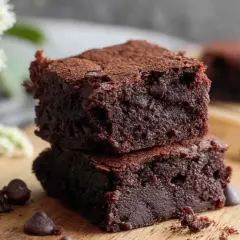 Pyszne, wilgotne brownie z airfryera, posypane kakao, na drewnianej desce z czekoladowymi kroplami i białymi kwiatami.