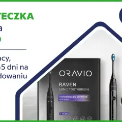 Szczoteczka soniczna ORAVIO z akcesoriami: opakowanie, ładowarka, szczoteczka i końcówki.