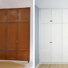 Antes y después de restaurar armario empotrado antiguo. El mueble de madera oscura se transforma en un elegante armario blanco, renovando el espacio.