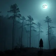 Nocny las, mgła i księżyc. Samotna, czarna postać stoi na ścieżce, jakby wyjęta z sennych wizji.
