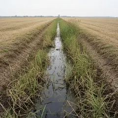 Prosty rów melioracyjny, czyli dreny, przecina wyschnięte pole. Woda w rowie odbija niebo.