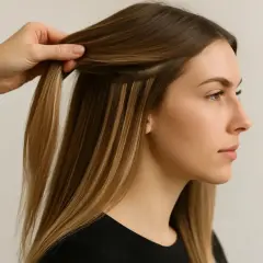 En hand fäster hårförlängningar i en kvinnas hår. De nya, grova stråna blandas med hennes egna för en fylligare look.