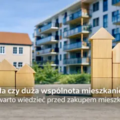 Drewniane klocki w kształcie domów symbolizują małą wspólnotę mieszkaniową. Przepisy dotyczące wspólnoty są kluczowe przed zakupem mieszkania.
