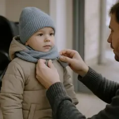 Ojciec ubiera synka na 10 stopni: ciepła kurtka, czapka i szalik to podstawa.