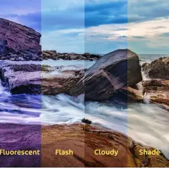 Scogliera e mare con diverse impostazioni di bilanciamento del bianco: Tungsten, Fluorescent, Flash, Cloudy, Shade, Daylight.