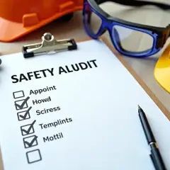 Audytor BHP sprawdza listę kontrolną bezpieczeństwa. Obok leżą kaski, rękawice i okulary ochronne.