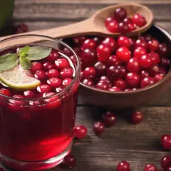 Orzeźwiający syrop z żurawiny z plasterkiem limonki i miętą w szklance, obok miseczka pełna owoców.