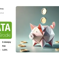 Papierowa świnka skarbonka z monetami symbolizuje lokatę na nowe środki. Oprocentowanie 3,33% na 6 miesięcy.