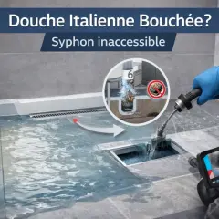 Main bouchée ? Un professionnel utilise une caméra pour déboucher une douche italienne au siphon inaccessible.