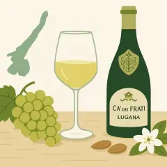Un bicchiere di vino bianco, un grappolo d'uva e una bottiglia di Ca' dei Frati Lugana, con mandorle e un fiore.