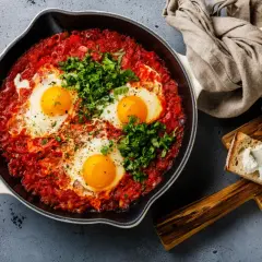 Herzhafte Eier in Tomatensoße, garniert mit Petersilie. Perfekt für schnelle Gerichte, serviert mit Brot und Frischkäse.