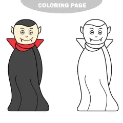 Un simpático vampiro para colorear, con capa y colmillos afilados. ¡Listo para darle vida con tus colores!