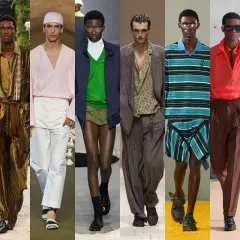 Modelos masculinos lucen atuendos de **looks primavera**: trajes de lino, pantalones anchos y chaquetas vibrantes.