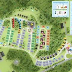 Karta över First Camp Glyttinge - Linköping. Visar campingplatser, stugor, servicehus och reception.