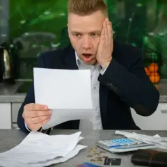 Zaskoczony mężczyzna z papierami i kalkulatorem na stole zastanawia się, jak spłacić debet.