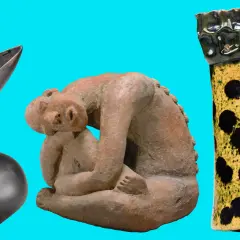 Three famous ceramic pieces: a dark, sculptural vase; a terracotta figure of a person embracing another; and a yellow vase with black polka dots.