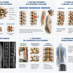 Illustrazione mostra diversi tipi di fratture vertebrali, dall'osteoporosi al trauma, con diagnosi e trattamenti, inclusa la chirurgia mini-invasiva per stabilizzare le fratture.