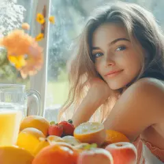 Joven sonriente junto a una mesa con frutas frescas y jugo, un ejemplo de como quitar la fatiga con una dieta saludable y un ambiente luminoso.