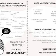 Ilustracja przedstawia smutną postać z kłębiącymi się myślami w chmurce, otoczoną listą objawów depresji.