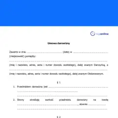 Umowa darowizny, gdzie przedmiotem darowizny może być samochód. Dokument zawiera dane darczyńcy i obdarowanego.