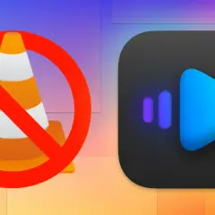 IINA vs VLC: A red circle with a diagonal line crosses out a traffic cone, symbolizing VLC. To its right, the IINA media player logo is displayed.