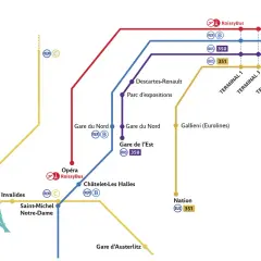 Mapa de transporte público de París, incluyendo RER y autobuses, con destino al aeropuerto París Charles de Gaulle.
