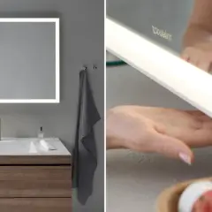 Nowoczesne lustro z lampami LED nad umywalką, z ozdobnym panelem i ręcznikiem.