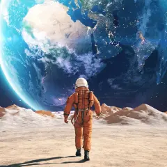 Samotny astronauta na Księżycu podziwia Ziemię.
