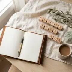 Blocchi di legno con nomi inglesi femminili rari: Olivia, Isla, Ada. Accanto, un quaderno aperto, una tazza di caffè e un paio di scarpine da neonato.