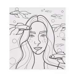 Dibujo de una chica para colorear, rodeada de peces y burbujas.