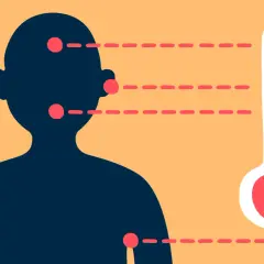 Silhouette d'une personne avec des points rouges indiquant des zones de chaleur, à côté d'un thermomètre. La température adulte est élevée.