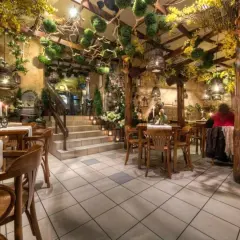 Przytulne wnętrze z drewnianymi meblami i bogatą roślinnością, idealne na romantyczną kolację. Polecane restauracje Katowice.